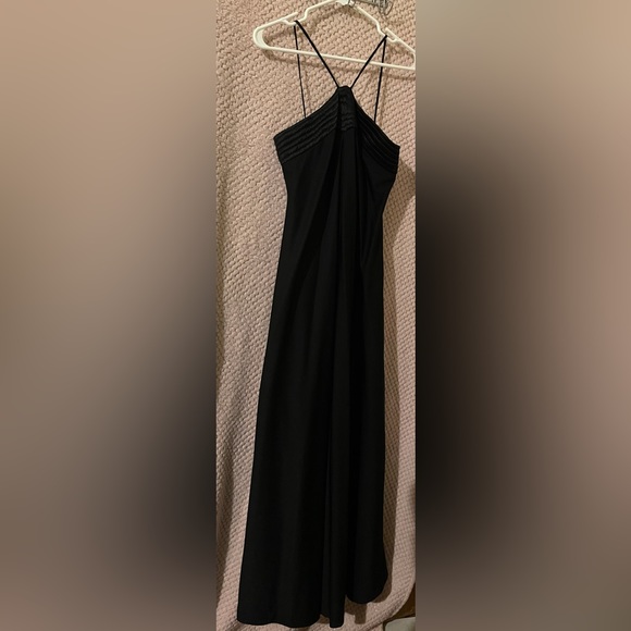 Vintage 70s Leslie J black maxi dress thin straps wide flowy dress - Picture 3 of 10